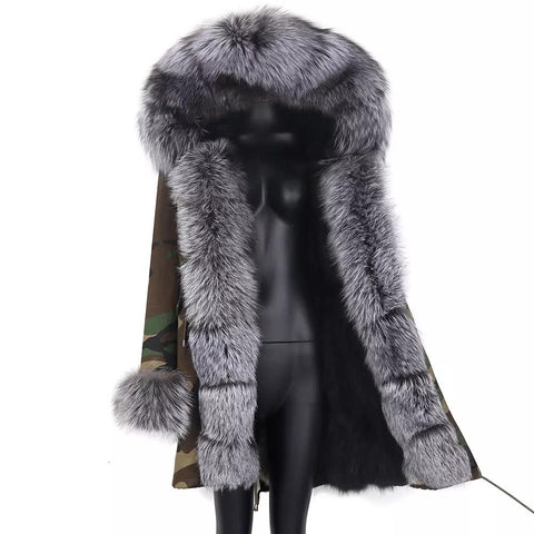 Carmen Charlott Luxury Silver Fox Fur Parka Camouflage AW21