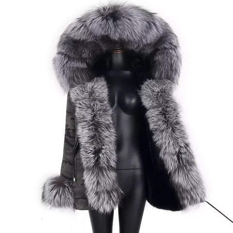 Carmen Charlott Luxury Silver Fox Fur Jacket Camouflage Grey  AW21