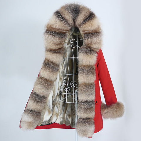 Carmen Charlott Luxury Fox and Rabbit Fur Parka Red AW21