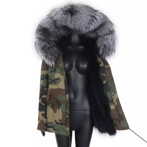 Carmen Charlott Luxury Silver Fox Fur Jacket Camouflage AW21