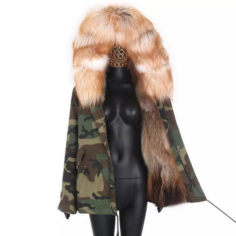 Carmen Charlott Luxury Fox Fur Jacket Camouflage AW21