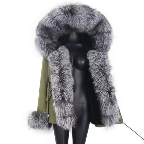 Carmen Charlott Luxury Silver Fox Fur Jacket Green AW21
